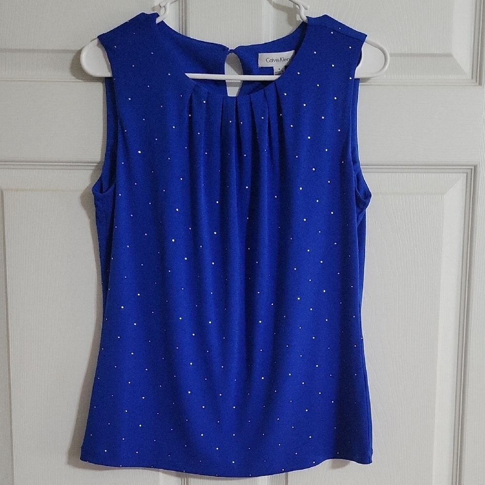 Calvin Klein Royal Blue Sleeveless Blouse Pleated Neckline Silver Dot Detail